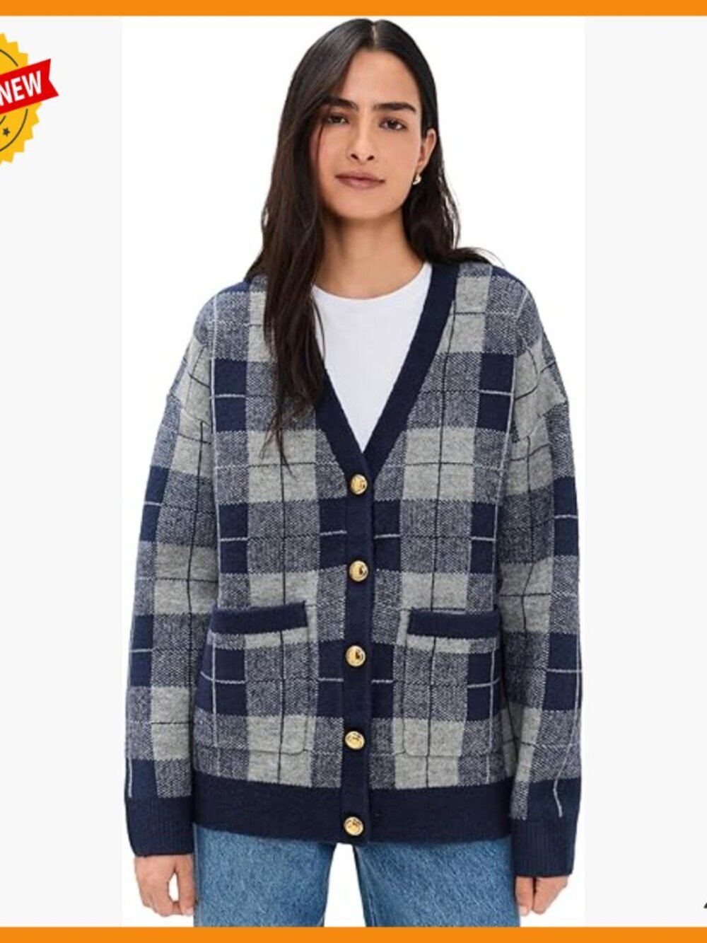 Mid-Weight Stretch Knit Check Cardigan with Patch Pockets